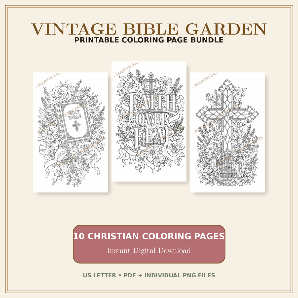 Vintage Bible Garden 10-page Christian printable coloring bundle cover