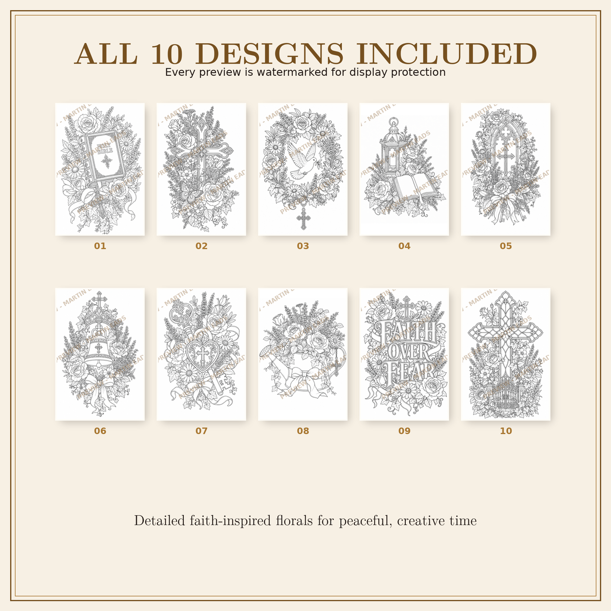 Preview of all 10 Vintage Bible Garden printable coloring pages