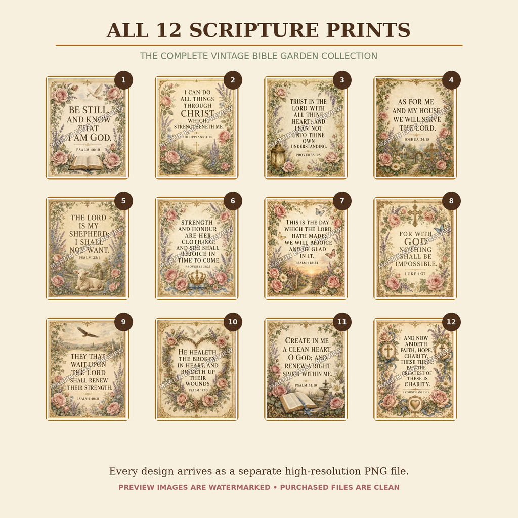 Preview of all 12 Vintage Bible Garden Scripture printable wall art designs
