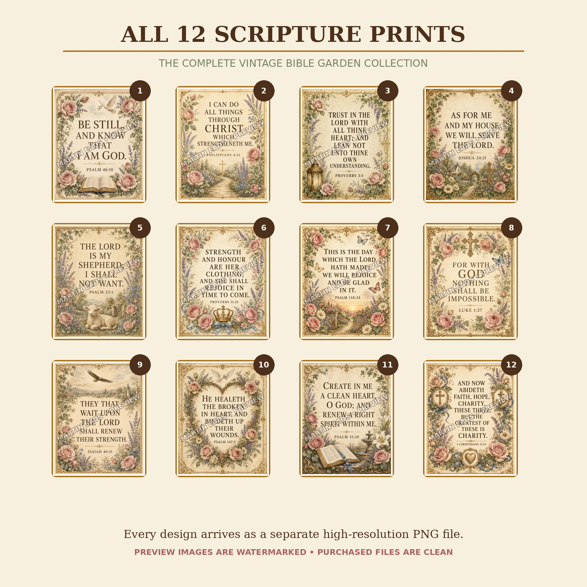 Preview of all 12 Vintage Bible Garden Scripture printable wall art designs