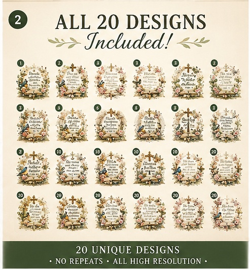 Preview of all 20 Vintage Bible Garden Christian PNG designs