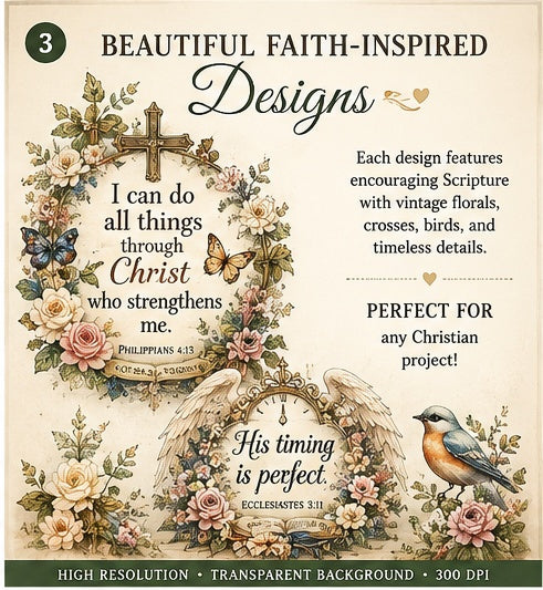 Vintage Bible Garden faith-inspired Christian PNG designs