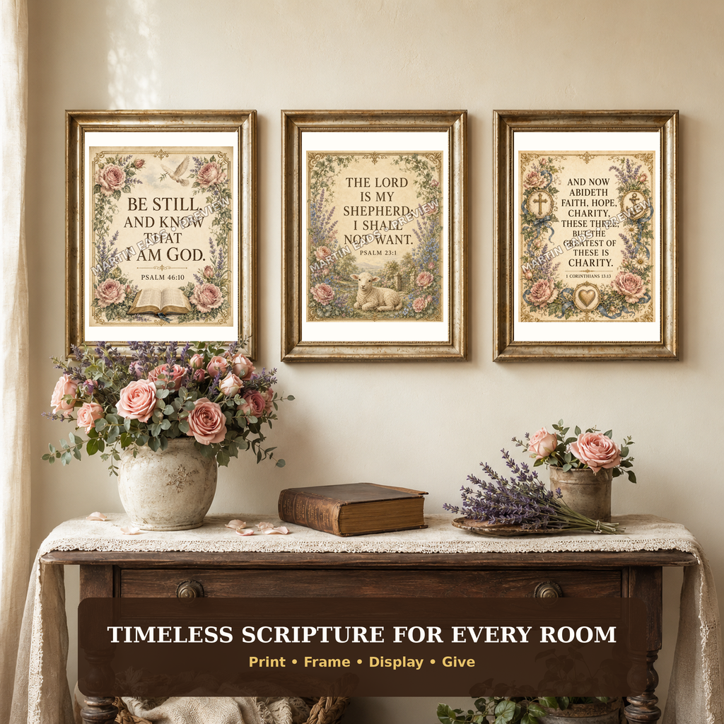 Vintage Bible Garden Scripture wall art displayed in framed room decor