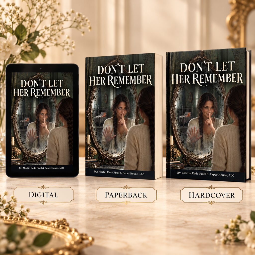 Elegant three-format display for Don’t Let Her Remember: digital, paperback, and hardcover